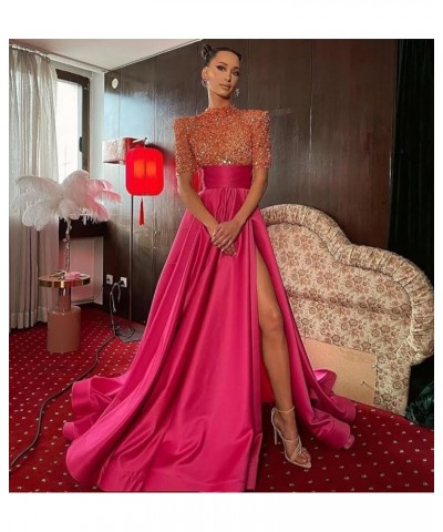 Mock Turtle Neck Prom Dresses Half Sleeve Formal Gowns Sequins Satin Evening Dress A-Line Ball Gown Slit JS0005 Aqua Black $4...