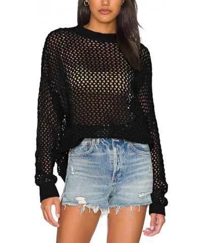 Womens Crochet Tops Long Sleeve Beach Summer Sweater Crew Neck Mesh Cover Ups Bikini Swimsuit Tunic Pullover Tops Black $15.6...