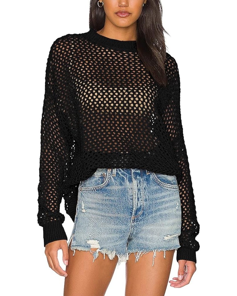 Womens Crochet Tops Long Sleeve Beach Summer Sweater Crew Neck Mesh Cover Ups Bikini Swimsuit Tunic Pullover Tops Black $15.6...