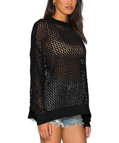 Womens Crochet Tops Long Sleeve Beach Summer Sweater Crew Neck Mesh Cover Ups Bikini Swimsuit Tunic Pullover Tops Black $15.6...