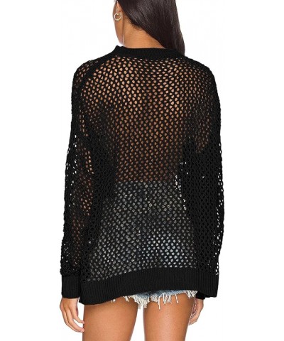 Womens Crochet Tops Long Sleeve Beach Summer Sweater Crew Neck Mesh Cover Ups Bikini Swimsuit Tunic Pullover Tops Black $15.6...