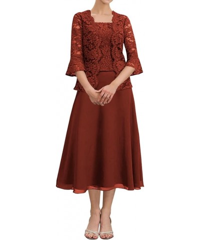 Tea Length Mother of The Bride Dresses Lace Evening Formal Dress Pagoda Sleeve Wedding Guest Groom Dress with Jacket Rust $37...