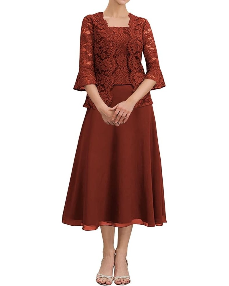 Tea Length Mother of The Bride Dresses Lace Evening Formal Dress Pagoda Sleeve Wedding Guest Groom Dress with Jacket Rust $37...