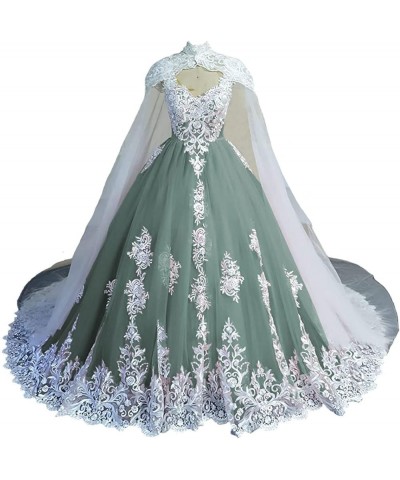 Puffy Off Shoulder Quinceanera Dresses with Cape Ball Gown Tulle Lace Prom Dresses with White Appliques Dark Sage $67.08 Dresses