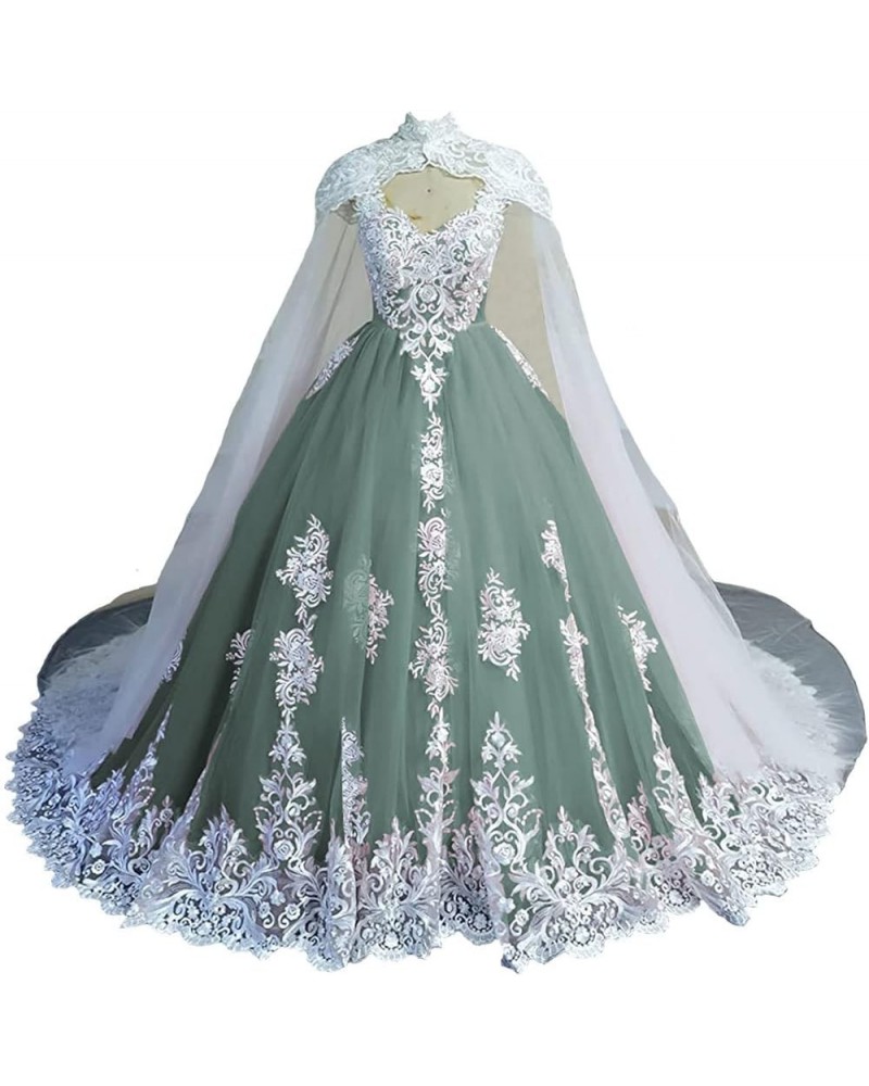 Puffy Off Shoulder Quinceanera Dresses with Cape Ball Gown Tulle Lace Prom Dresses with White Appliques Dark Sage $67.08 Dresses