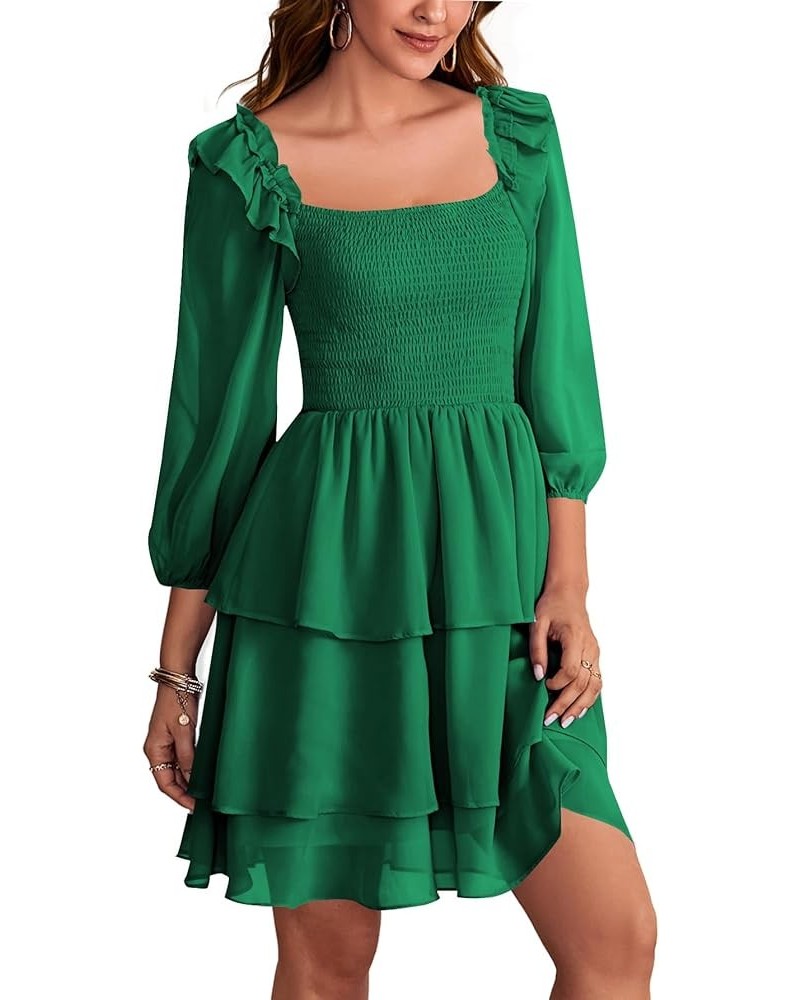 Women's Square Neck Smocked Ruffle Long Sleeve Layered Swing Party Mini Dress Green $19.36 Dresses