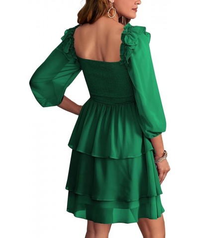 Women's Square Neck Smocked Ruffle Long Sleeve Layered Swing Party Mini Dress Green $19.36 Dresses