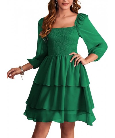 Women's Square Neck Smocked Ruffle Long Sleeve Layered Swing Party Mini Dress Green $19.36 Dresses