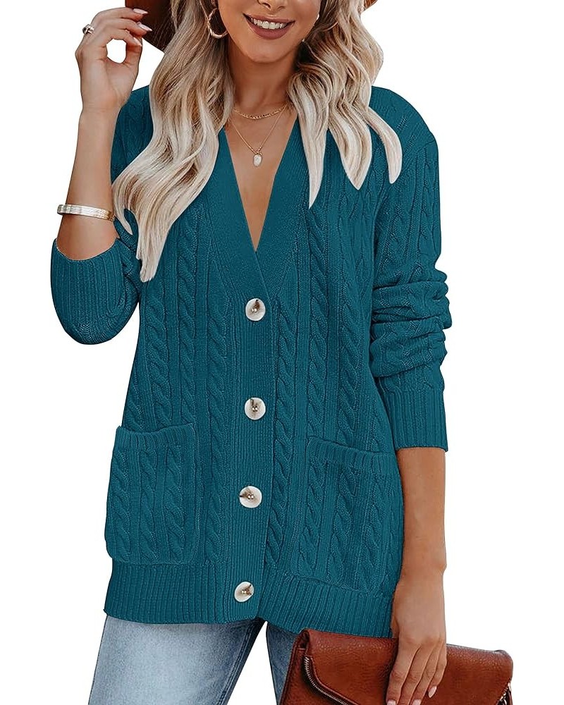 Women's 2024 Long Sleeve Cable Knit Button Cardigan Sweater Open Front Outwear Coat with Pockets Teal $26.39 Sweaters