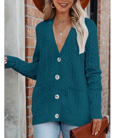 Women's 2024 Long Sleeve Cable Knit Button Cardigan Sweater Open Front Outwear Coat with Pockets Teal $26.39 Sweaters