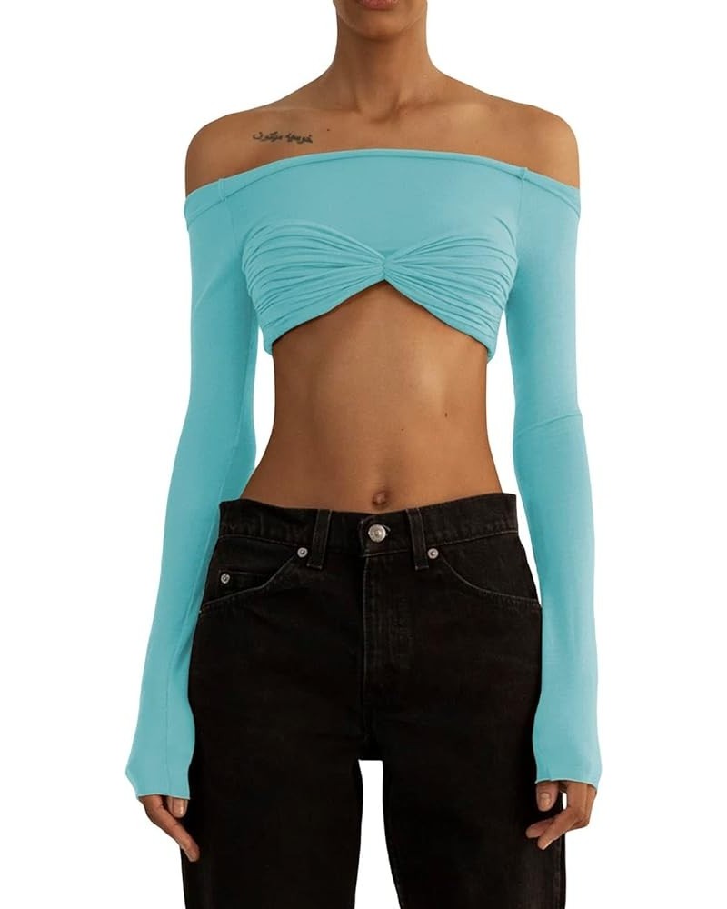 Women Y2k Off Shoulder Long Sleeve Top Mesh Solid Color Cropped Tees Fashion Streetwear A-blue $13.10 T-Shirts