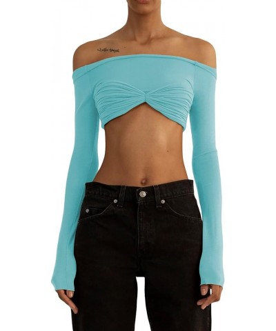 Women Y2k Off Shoulder Long Sleeve Top Mesh Solid Color Cropped Tees Fashion Streetwear A-blue $13.10 T-Shirts