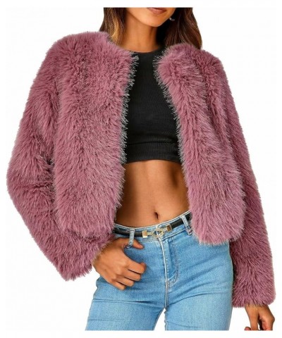 Women Faux Fur Coat Casual Long Sleeve Furry Jacket Vintage Open Front Fuzzy Shaggy Crop Outwear Streetwear A 66 Wine Red $15...