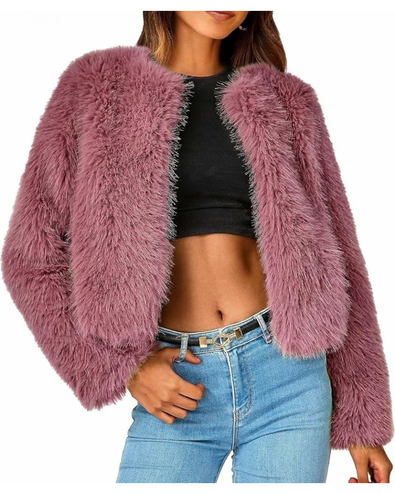 Women Faux Fur Coat Casual Long Sleeve Furry Jacket Vintage Open Front Fuzzy Shaggy Crop Outwear Streetwear A 66 Wine Red $15...