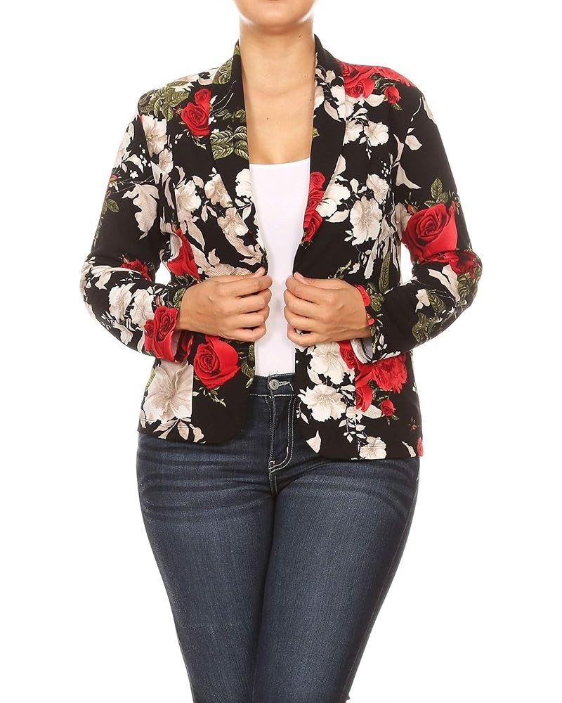 Women's Plus Size Casual Solid Basic Long Sleeve Blazer Cardigan Jacket/Made in USA Mbl00434 Floral Black Red $15.37 Blazers