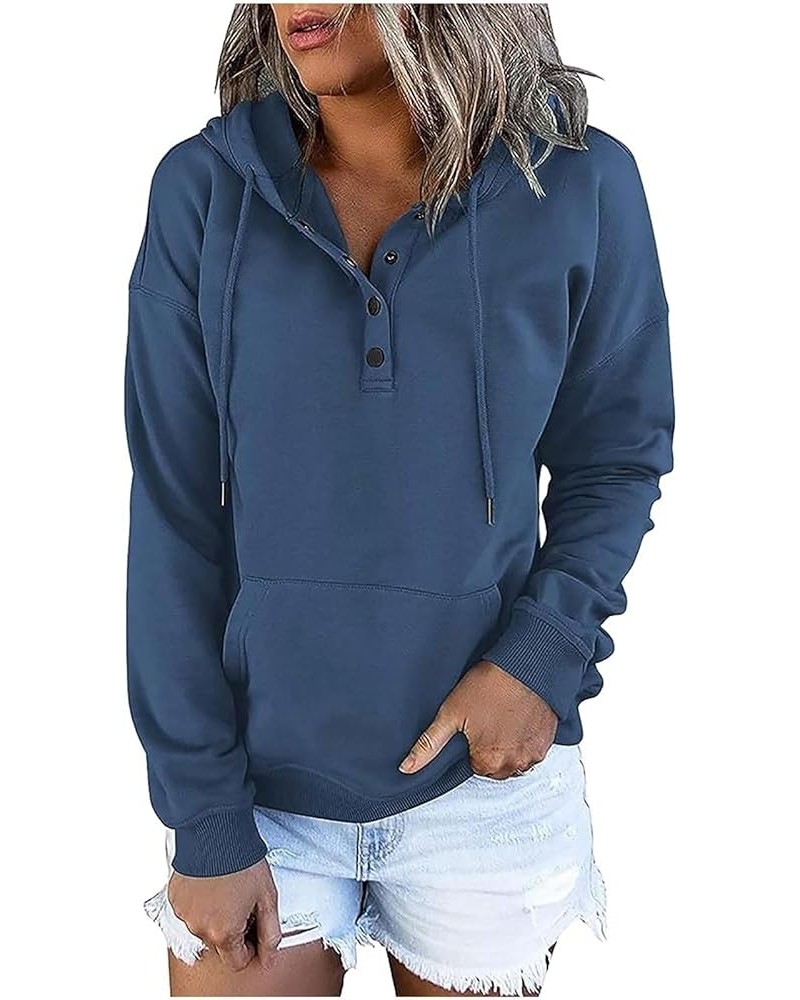 Womens Hoodies Casual Long Sleeve Solid Sweatshirts Buttons Drawstring Athletic Pullover Hooded Tops with Pocket 9 Dark Blue ...