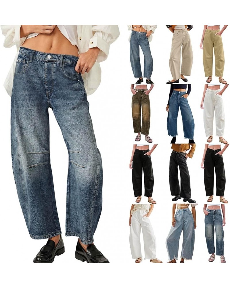 Barrel Jeans Women Vintage Distressed Baggy Boyfriend Jeans Trendy Cropped Wide Leg Mid Rise Barrel Denim Ankle Pants Z3-ligh...