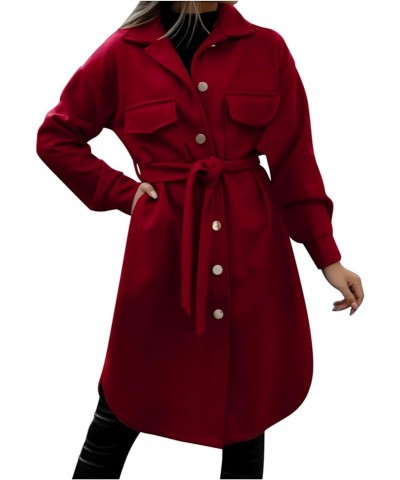 Women Basic Windbreaker Plus Size Belted Coat Overcoat Long Sleeve Trench Outwear Jacket Pockets Long Coats with Belt M Wine ...