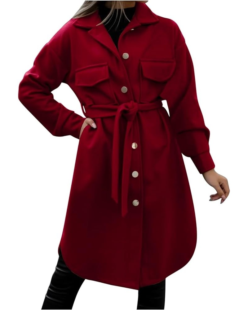 Women Basic Windbreaker Plus Size Belted Coat Overcoat Long Sleeve Trench Outwear Jacket Pockets Long Coats with Belt M Wine ...