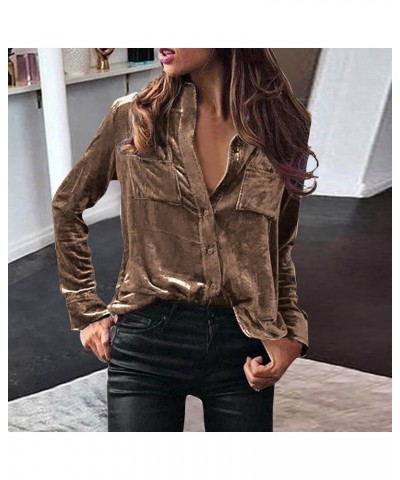 Velvet Tunic Tops for Women Vintage Long Sleeve Velour Blouses Dressy Casual Formal Button Down T Shirts with Pocket F-brown ...