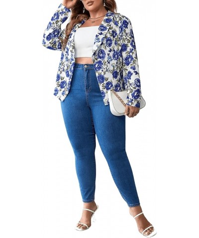 Women's Plus Size Floral Print Sleeveless Button Front Blazer Vest Shawl Collar Jacket Waistcoat Floral Blue $10.25 Vests