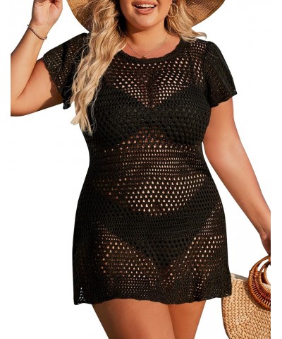 Womens Plus Size Swimsuit Coverup Crochet Swim Cover Ups Short Sleeve Beach Dress Swimwear Coverups Black $17.66 Swimsuits