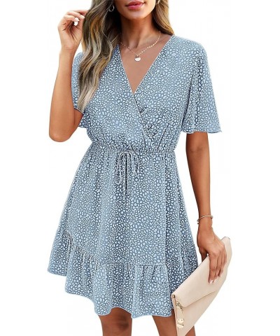 Women's Summer Dresses 2024 Casual Short Sleeve V Neck Ruffle Floral Print High Waist Flowy Mini Dress with Belt Light Blue/W...