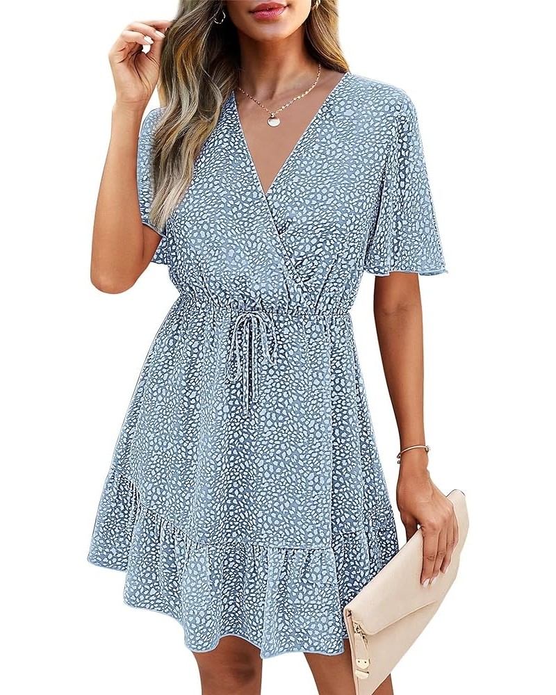 Women's Summer Dresses 2024 Casual Short Sleeve V Neck Ruffle Floral Print High Waist Flowy Mini Dress with Belt Light Blue/W...