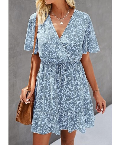 Women's Summer Dresses 2024 Casual Short Sleeve V Neck Ruffle Floral Print High Waist Flowy Mini Dress with Belt Light Blue/W...