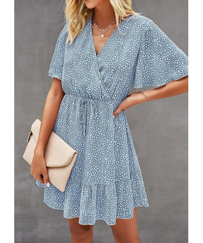 Women's Summer Dresses 2024 Casual Short Sleeve V Neck Ruffle Floral Print High Waist Flowy Mini Dress with Belt Light Blue/W...