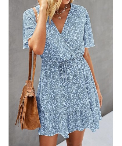 Women's Summer Dresses 2024 Casual Short Sleeve V Neck Ruffle Floral Print High Waist Flowy Mini Dress with Belt Light Blue/W...