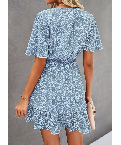 Women's Summer Dresses 2024 Casual Short Sleeve V Neck Ruffle Floral Print High Waist Flowy Mini Dress with Belt Light Blue/W...