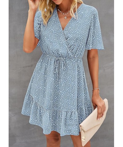 Women's Summer Dresses 2024 Casual Short Sleeve V Neck Ruffle Floral Print High Waist Flowy Mini Dress with Belt Light Blue/W...