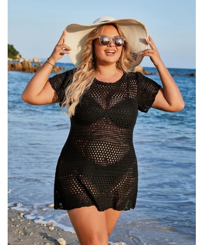 Womens Plus Size Swimsuit Coverup Crochet Swim Cover Ups Short Sleeve Beach Dress Swimwear Coverups Black $17.66 Swimsuits