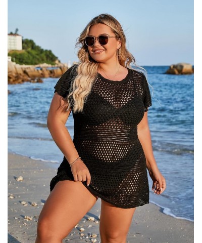 Womens Plus Size Swimsuit Coverup Crochet Swim Cover Ups Short Sleeve Beach Dress Swimwear Coverups Black $17.66 Swimsuits