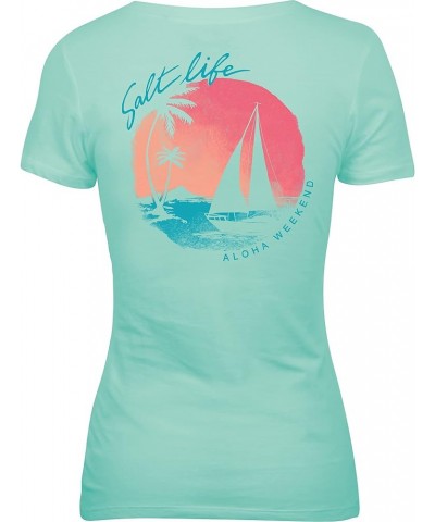 Women's Sailboat Island Short Sleeve Fitted Tee Aqua Sea Large $9.91 T-Shirts