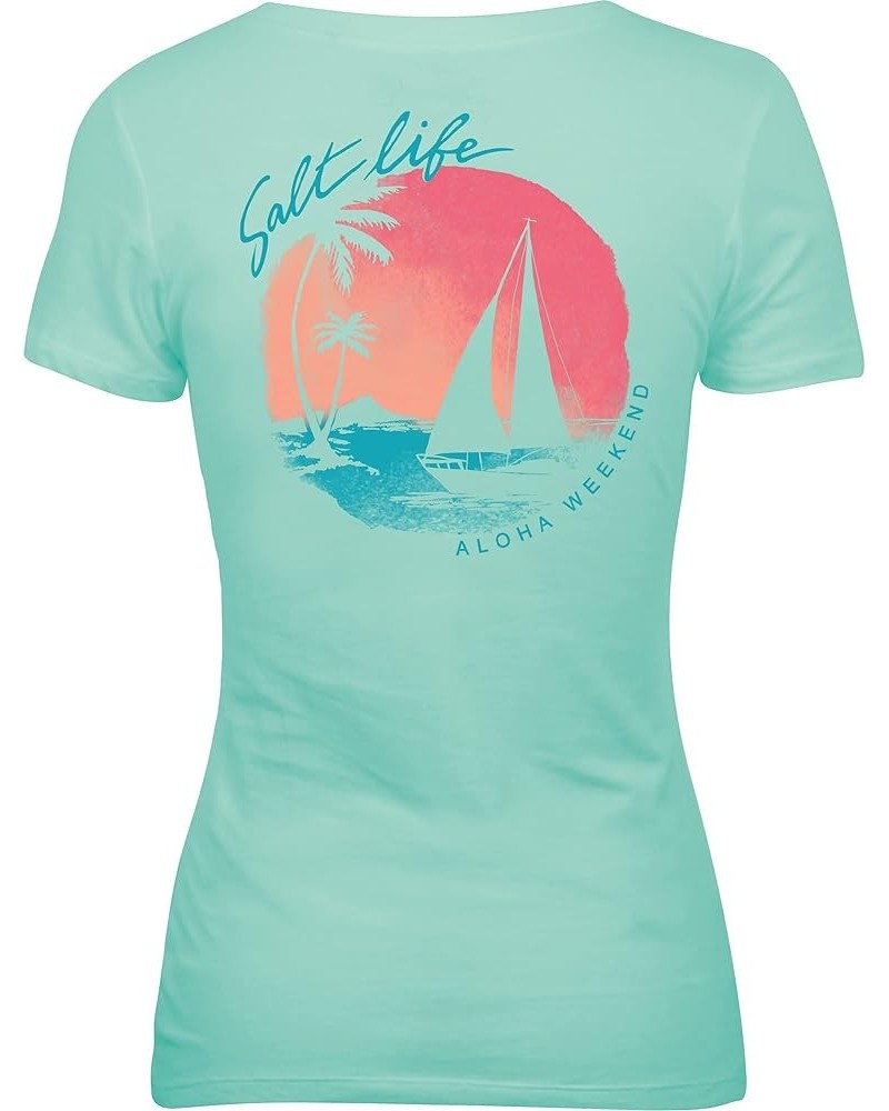 Women's Sailboat Island Short Sleeve Fitted Tee Aqua Sea Large $9.91 T-Shirts