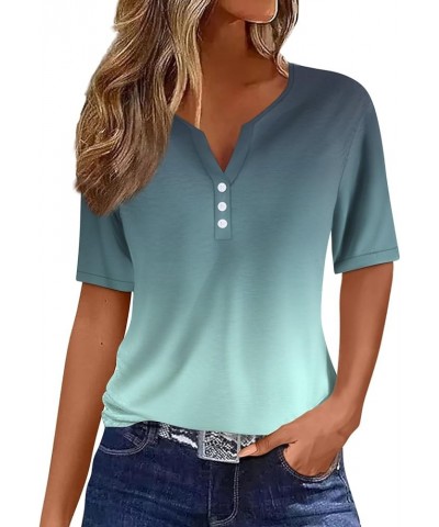 Summer Tops for Women 2024 Short Sleeve Button V Neck Tshirts Trendy Dressy Casual Blouses Loose Fit Graphic Tunics A Cyan $5...