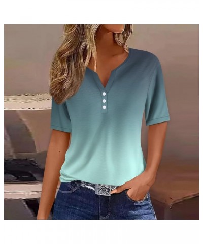 Summer Tops for Women 2024 Short Sleeve Button V Neck Tshirts Trendy Dressy Casual Blouses Loose Fit Graphic Tunics A Cyan $5...