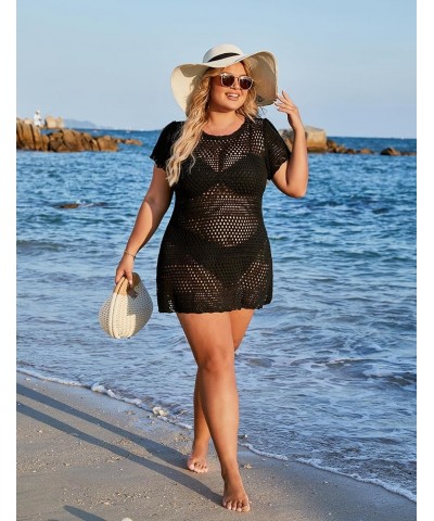 Womens Plus Size Swimsuit Coverup Crochet Swim Cover Ups Short Sleeve Beach Dress Swimwear Coverups Black $17.66 Swimsuits