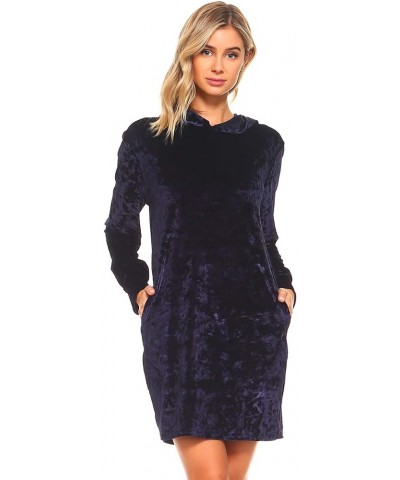 Women's Holiday Party Dresses Soft Stretchy Alpine Crushed Velvet A-line Hoodie Dress with Pockets L Navy $11.75 Jumpsuits