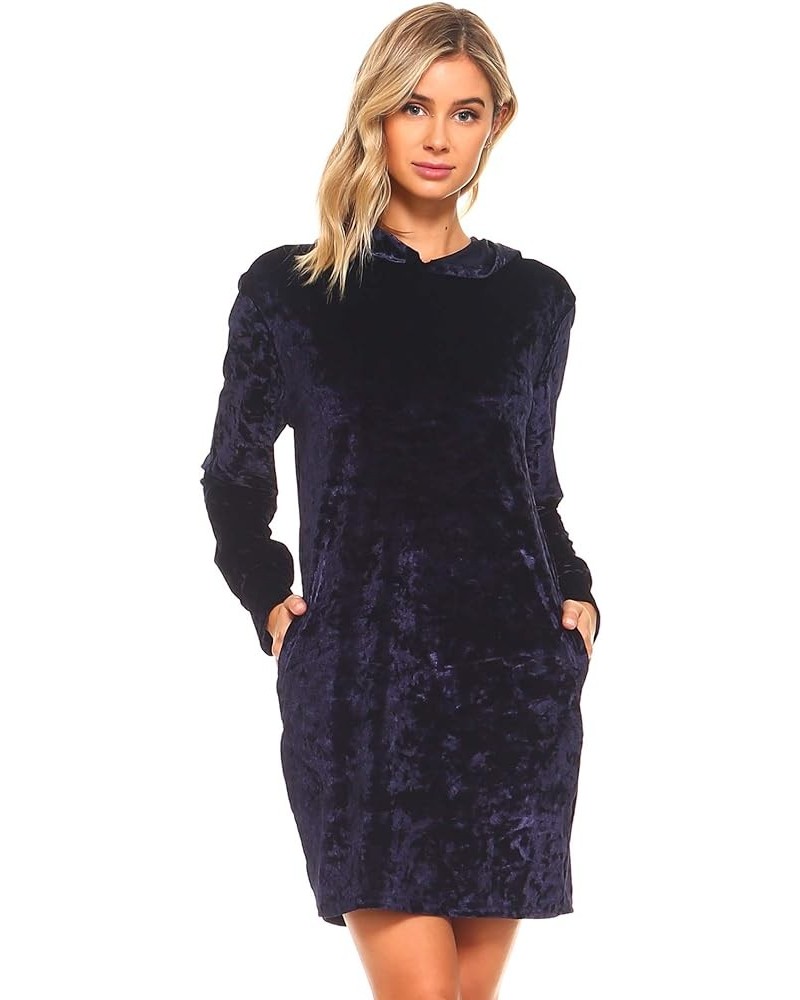 Women's Holiday Party Dresses Soft Stretchy Alpine Crushed Velvet A-line Hoodie Dress with Pockets L Navy $11.75 Jumpsuits