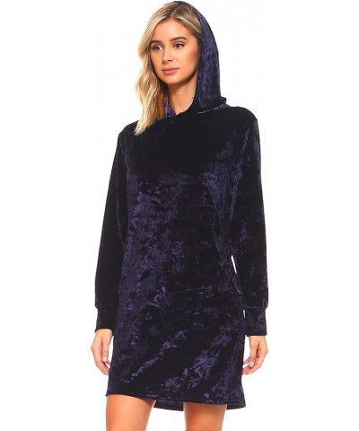 Women's Holiday Party Dresses Soft Stretchy Alpine Crushed Velvet A-line Hoodie Dress with Pockets L Navy $11.75 Jumpsuits