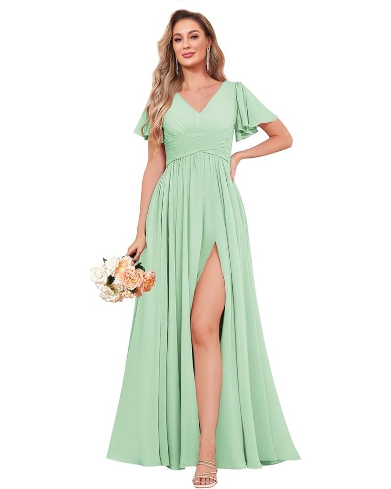 Women's Ruffle Sleeve Bridesmaid Dresses Long Slit Ruched Chiffon Evening Formal Dresses with Pockets Mint Green $32.44 Dresses