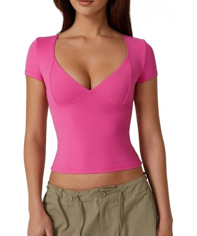 Women's V Neck Short Sleeve T Shirts Double Lined Tee Seamed Cup Going Out Tops Magenta $14.78 T-Shirts