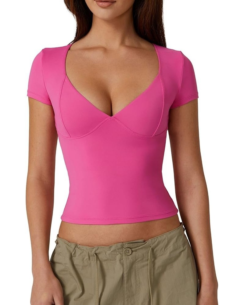 Women's V Neck Short Sleeve T Shirts Double Lined Tee Seamed Cup Going Out Tops Magenta $14.78 T-Shirts