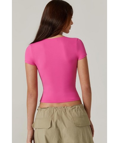 Women's V Neck Short Sleeve T Shirts Double Lined Tee Seamed Cup Going Out Tops Magenta $14.78 T-Shirts