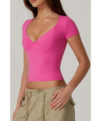 Women's V Neck Short Sleeve T Shirts Double Lined Tee Seamed Cup Going Out Tops Magenta $14.78 T-Shirts