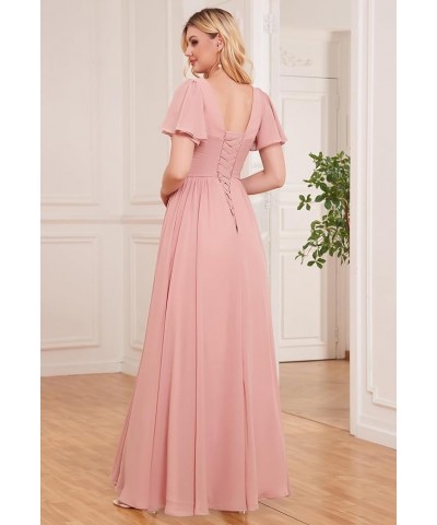 Women's Ruffle Sleeve Bridesmaid Dresses Long Slit Ruched Chiffon Evening Formal Dresses with Pockets Mint Green $32.44 Dresses