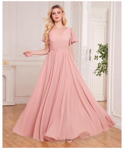 Women's Ruffle Sleeve Bridesmaid Dresses Long Slit Ruched Chiffon Evening Formal Dresses with Pockets Mint Green $32.44 Dresses